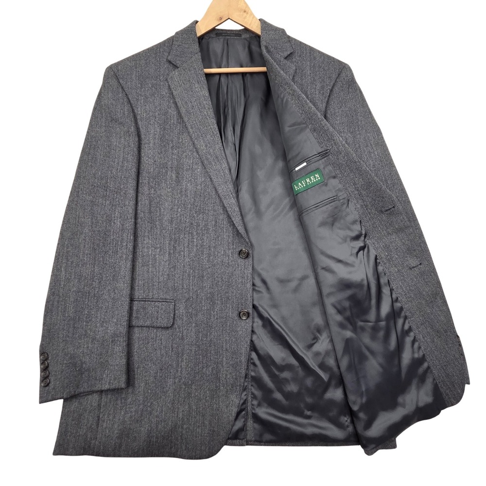 Lauren Ralph Lauren Mens 46L Grey Herringbone 100% Wool Two Button Blazer Jacket